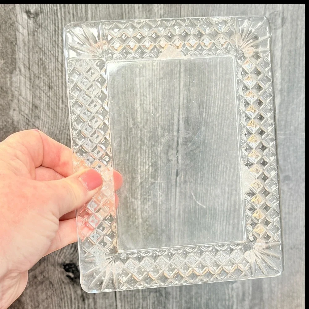 Vintage Picture Frame Lead Crystal Diamond Cut Clear Glass 90s 3.5 x 5